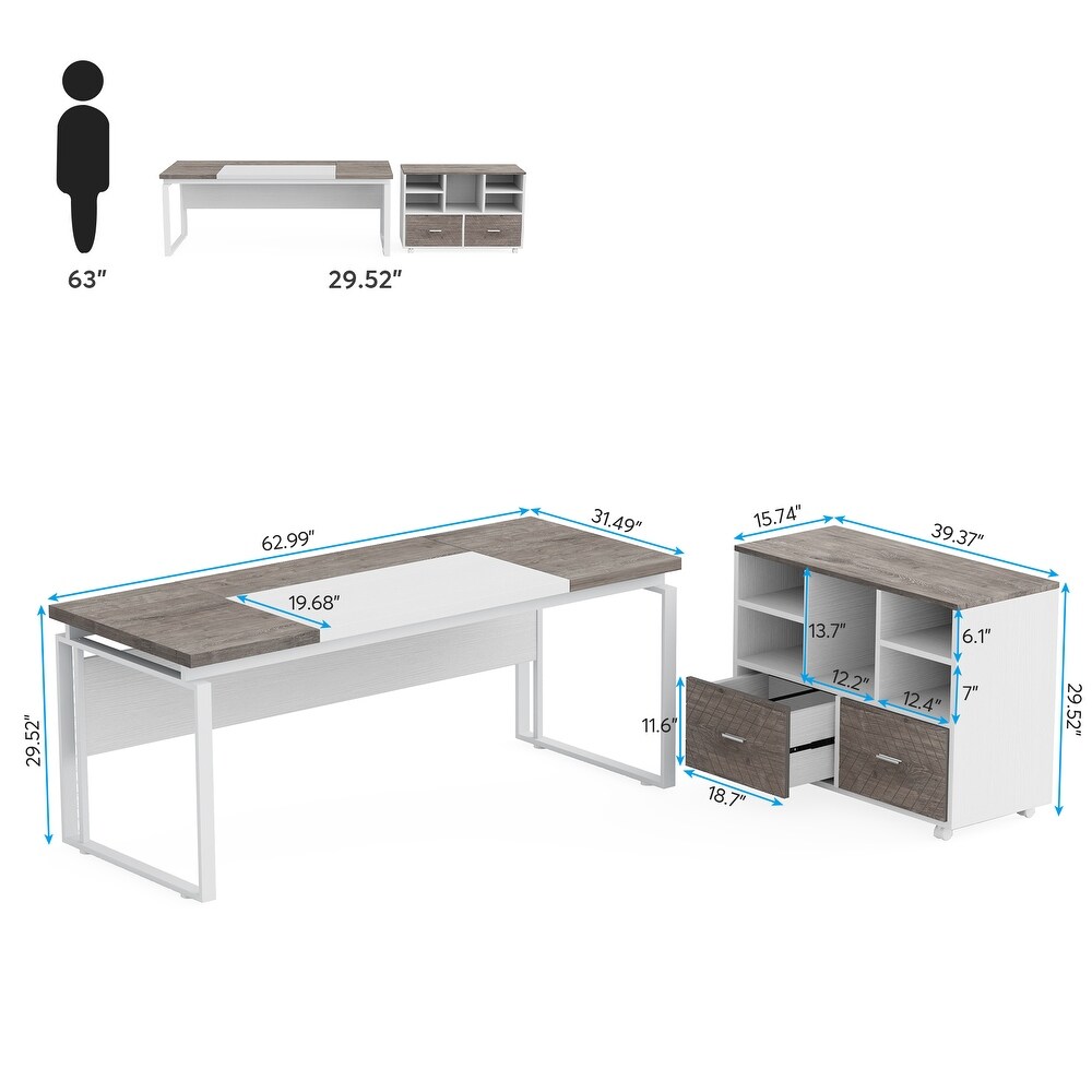 L Shaped Executive Desk with Reversible File Cabinet 63\