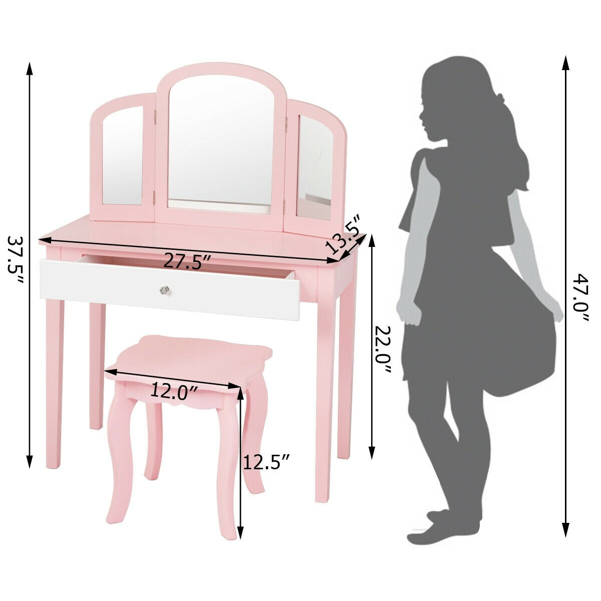 Costzon Kids Vanity Table, 2-in-1 Vanity Set with Detachable Top, Pretend Beauty Play Vanity Set for Girls