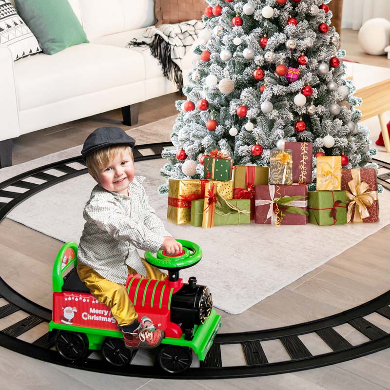 6V Kids Ride on Train with Tracks & 6 Wheels, Battery Powered Electric Ride On Toy with Lights & Music