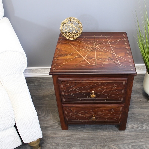 Natural Geo Rosewood Square End Table - Abstract Golden Brass Inlay