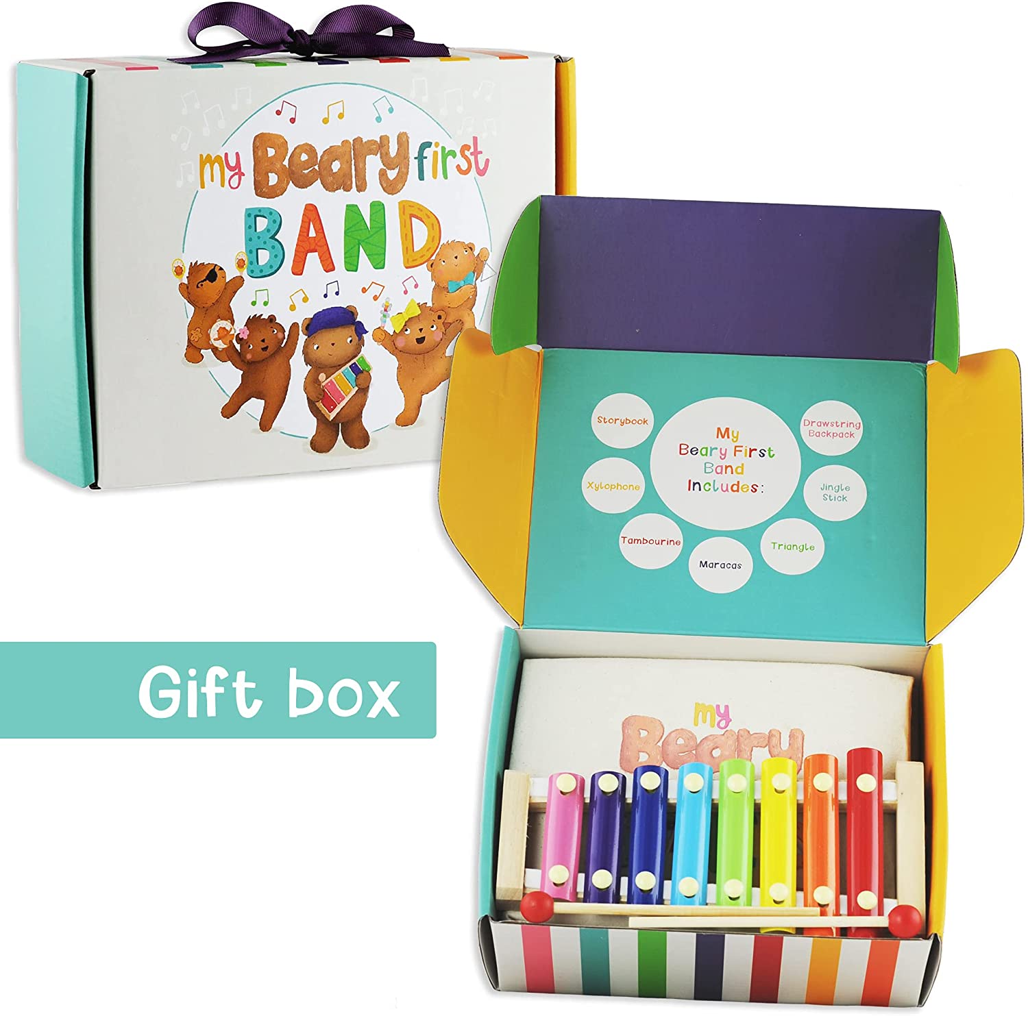 Tickle and Main， My Beary First Band Musical Instruments Gift Set - Includes Storybook and Wooden Percussion Toys for Toddler Girls and Boys Ages 3 4 5 Years Old