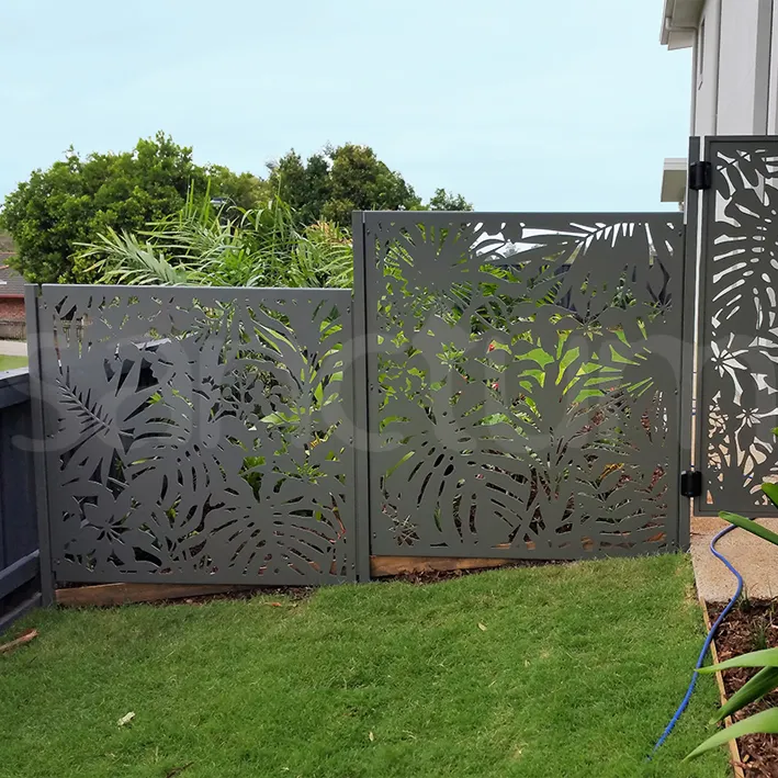 Modern automatic  design metal fire rated raisded door main material laser cutting aluminium brown composite gate fence panel