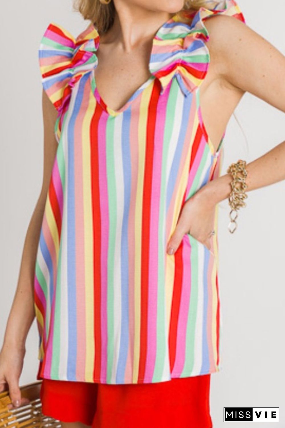 Multicolor Striped V Neck Ruffle Straps Tank Top