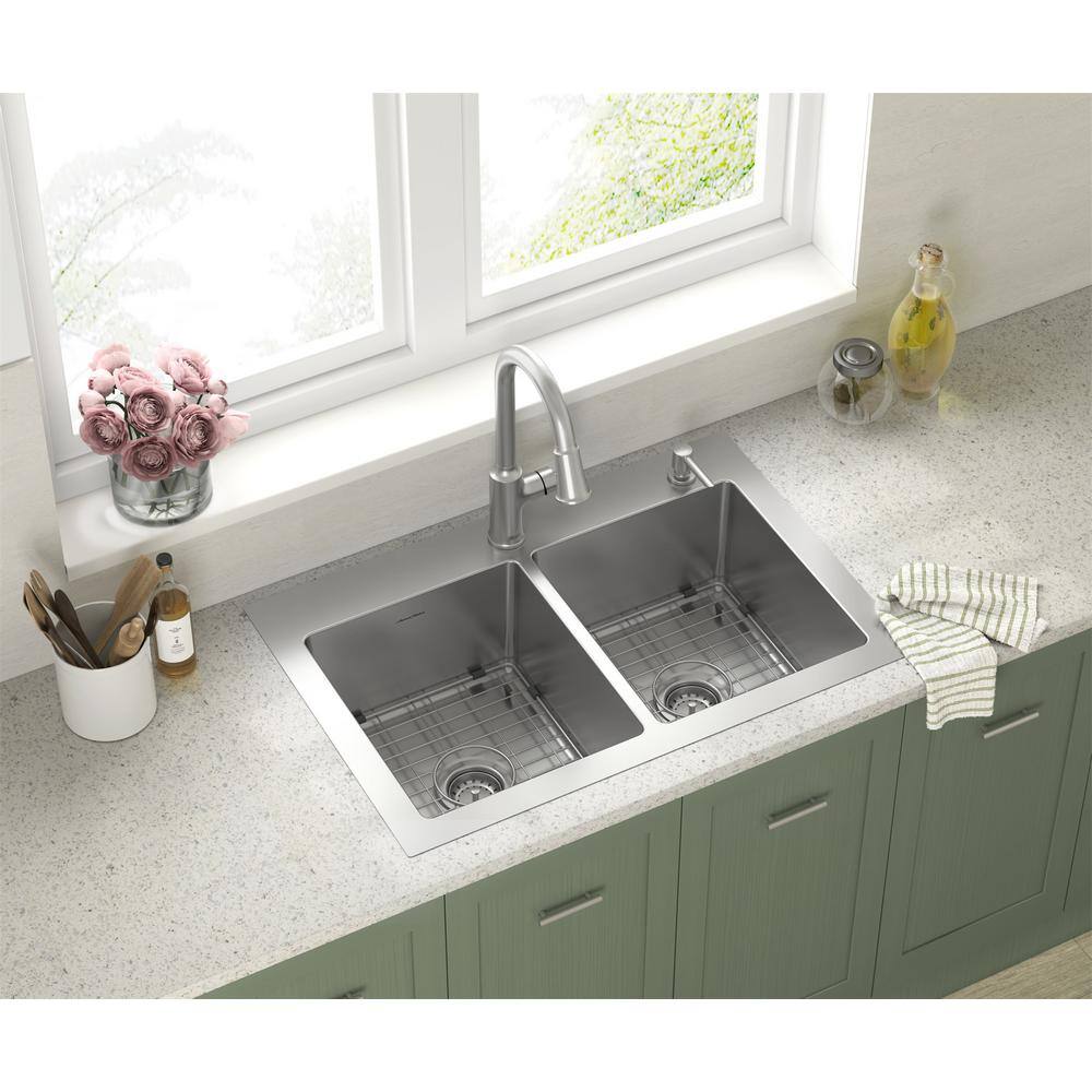 American Standard Raviv Stainless Steel 32 in. Double Bowl Drop-In Kitchen Sink 18DB000132C2.075