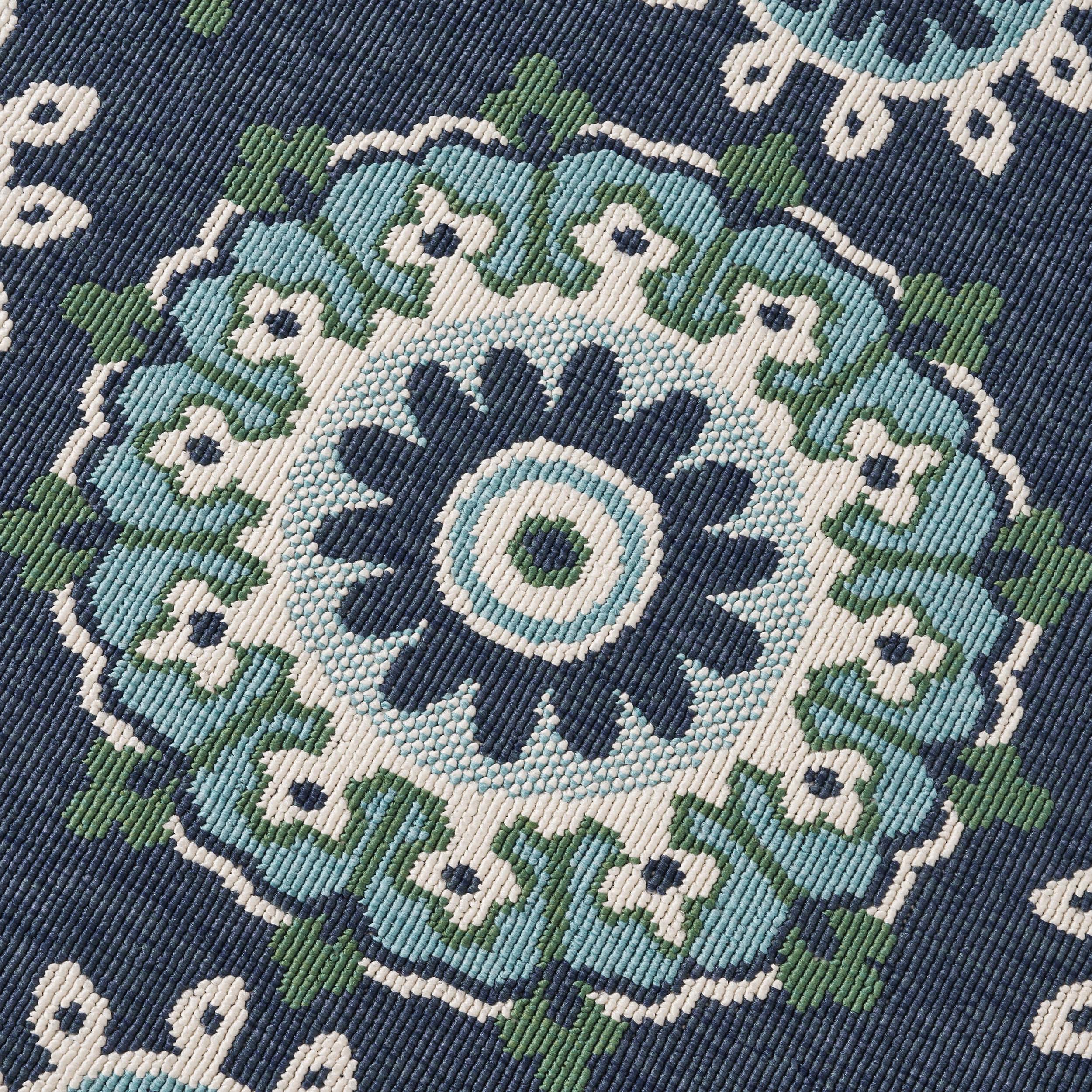 Arlene Outdoor Medallion Area Rug, Navy and Green