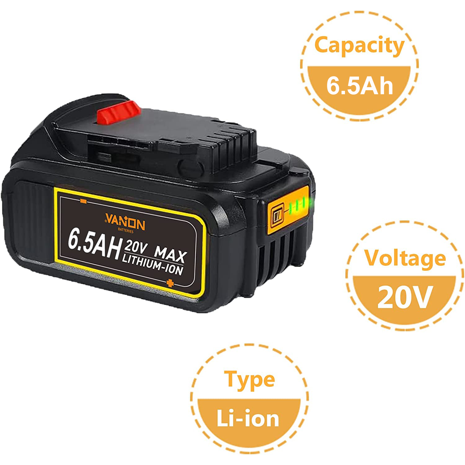 20V 6.5Ah Replacement Batteries Works for Dewalt DCB207 DCB206 DCB205 DCB204， 20V Li-Ion Battery Compatible with Dewalt Cordless Power ToolsI