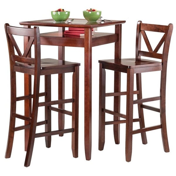 Wood Halo 3-Pc Pub Set， Glass Inset Table and 2 V-Back Bar Stools， Walnut Finish