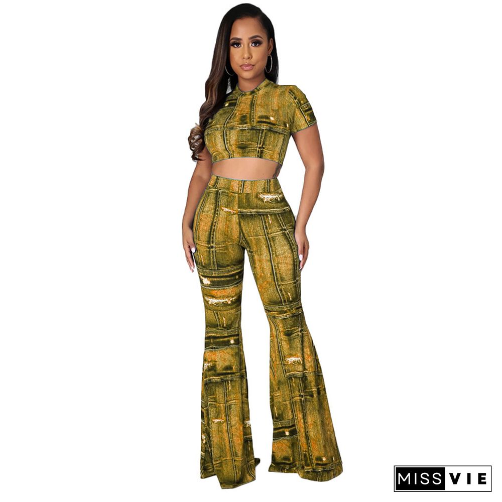 Short Sleeve Crop Top+Bell-bottoms 2 Piece Pants Set