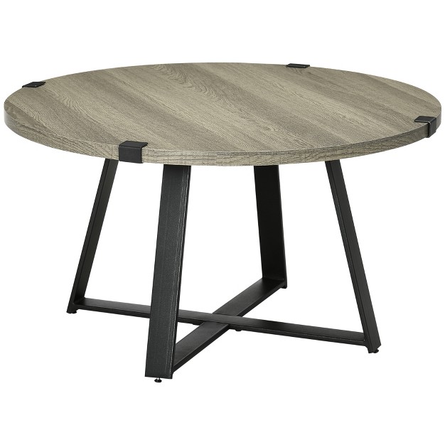 Homcom Round Coffee Table Accent Center Table Steel Legs Living Room Furniture Wooden Coffee Table Light Gray