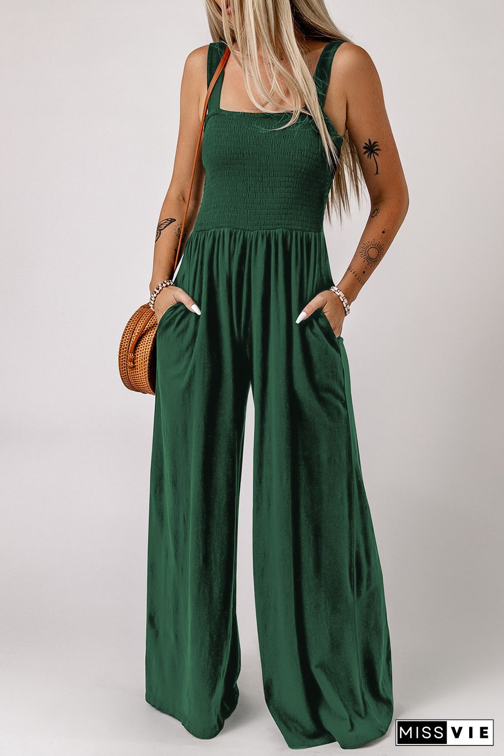 Green Smocked Sleeveless Wide Leg Jumpsuit with Pockets