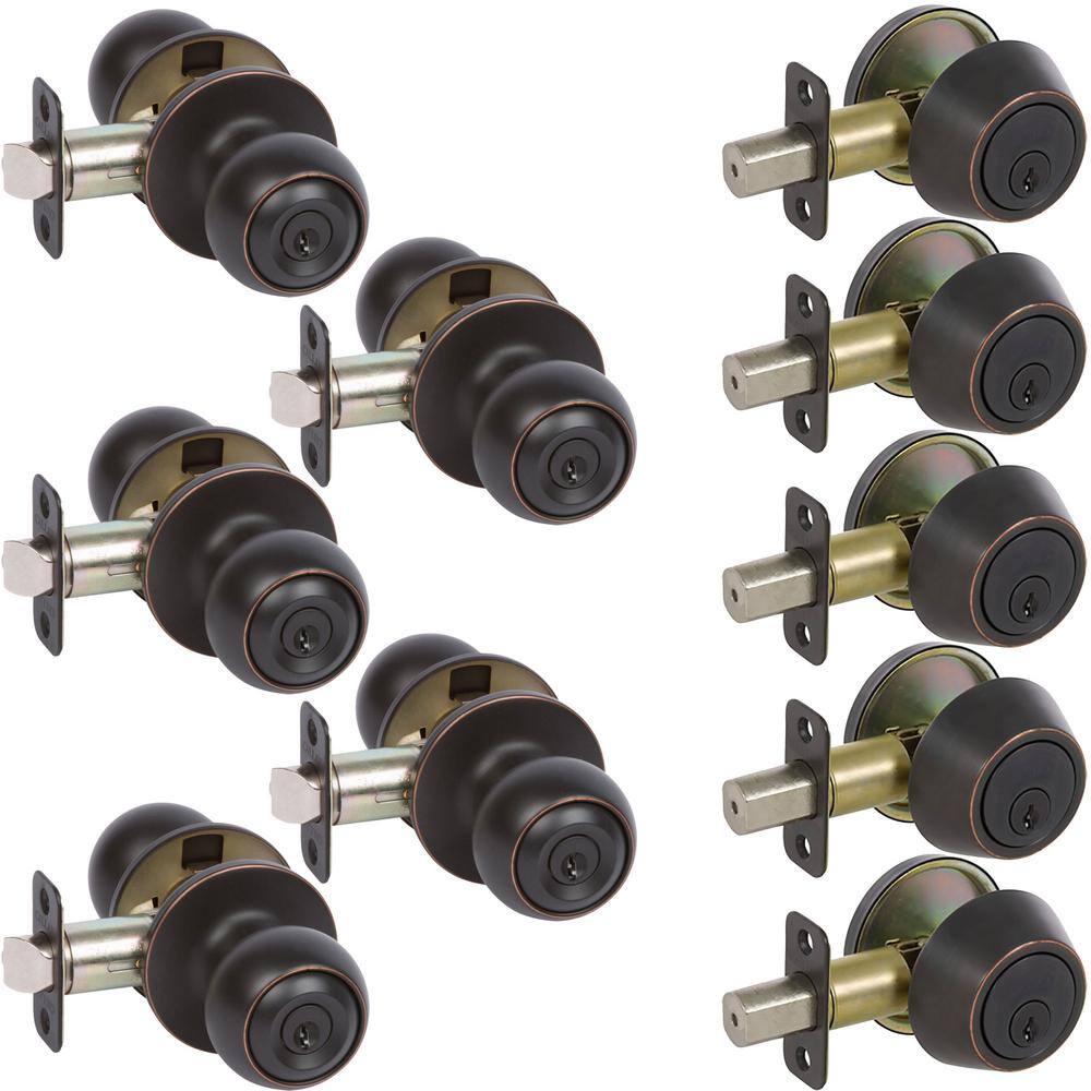 DELANEY HARDWARE 5-Fairfield Edged Oil Rubbed Bronze Rd Knob Entry Door Locks and 5-Edged Oil Rubbed Brz Sgl Cyl Deadbolts All Key Alike KIT#KR3007-PP