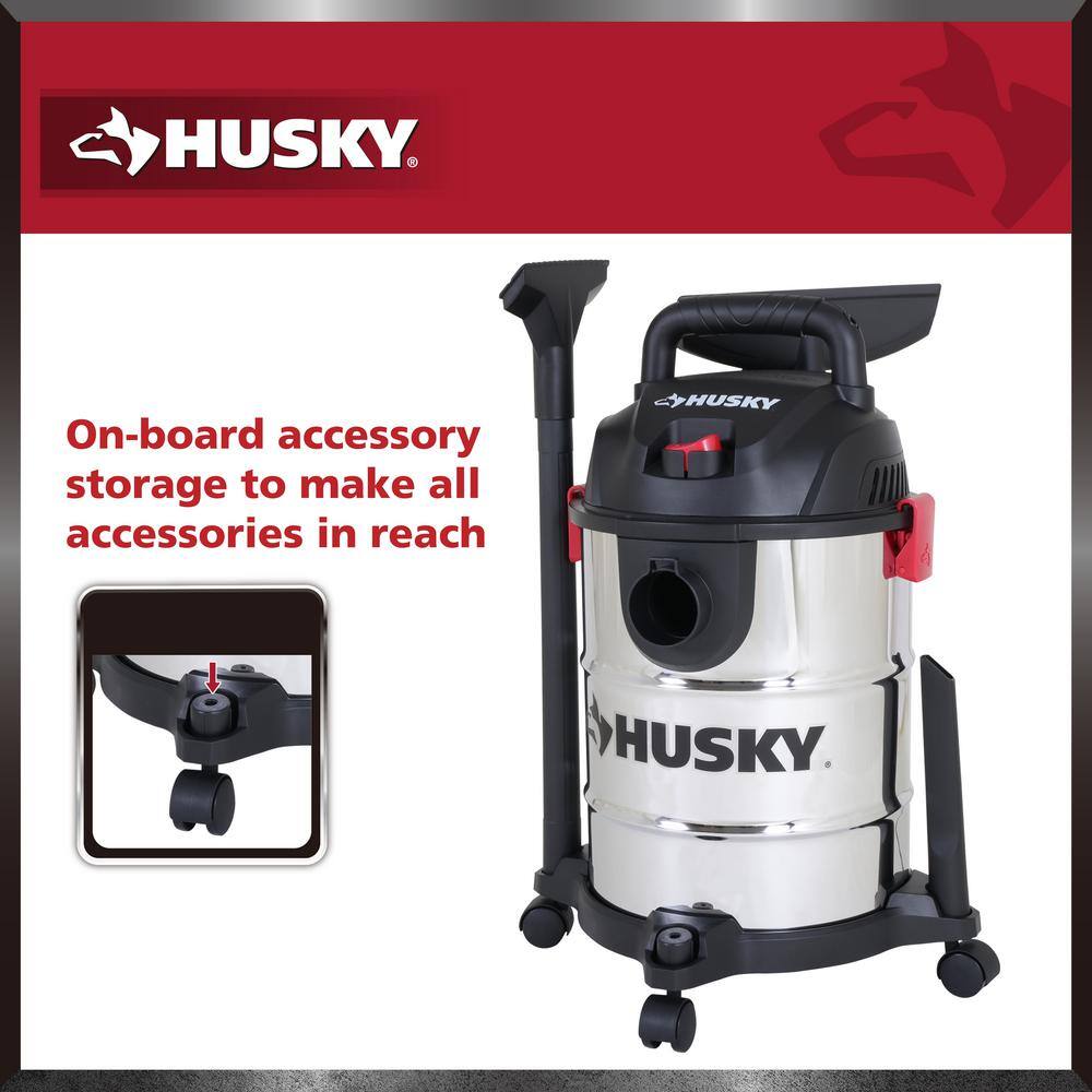 Husky 6 Gal. Stainless Steel WetDry Vac with Filter Hose and Accessories AT18304-6B