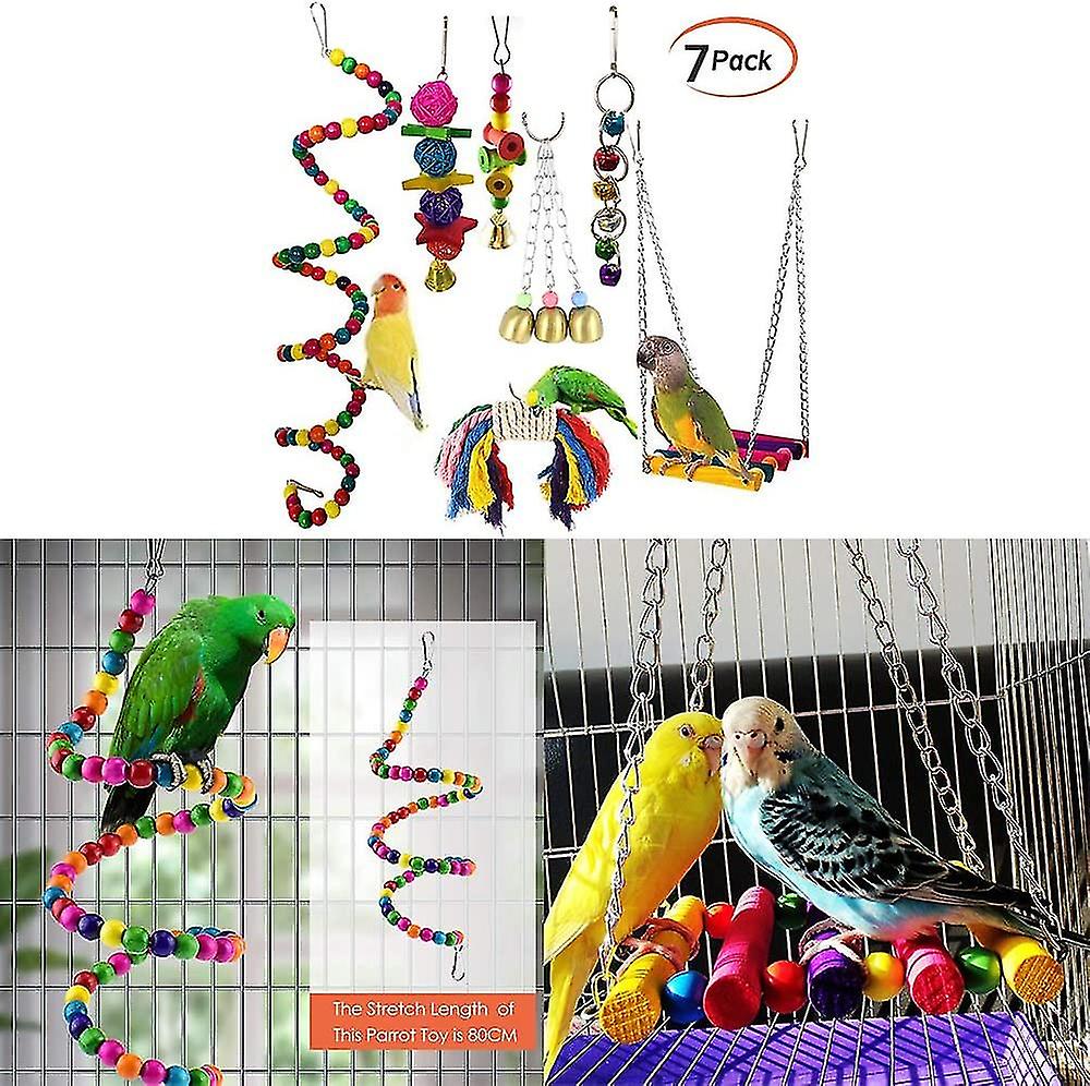 Parrot Hanging Toys， 7 Pcs Parrot Bird Toys Hanging Bird Bell Toy Bird Swing Hanging Toy Bird Cage Toys