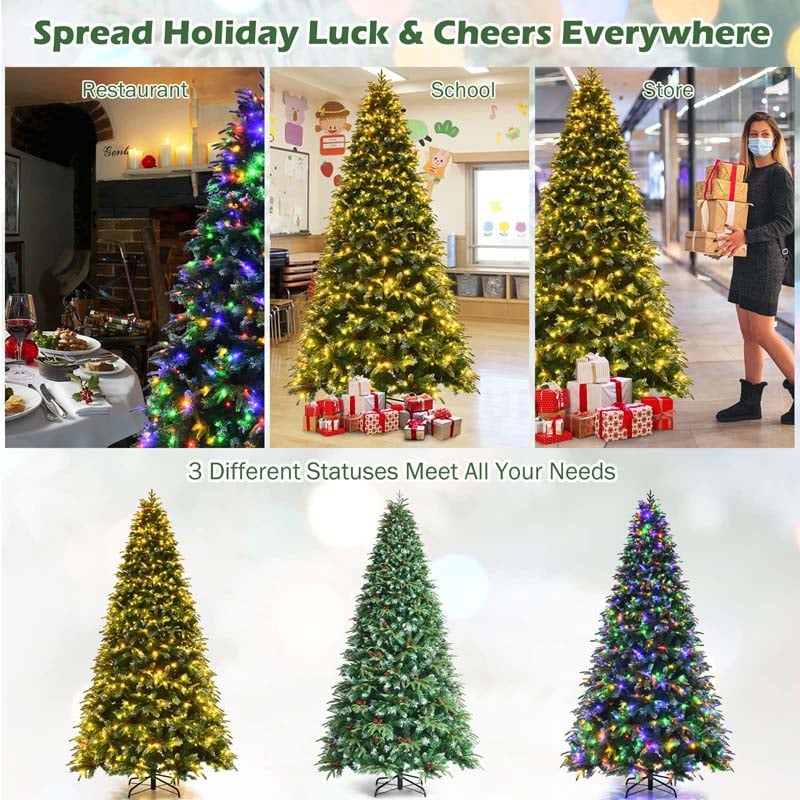 5/6/7/9FT Snowy Leaves Pre-Lit Hinged Artificial Christmas Tree with 11 Flash Modes & Multi-Color Lights