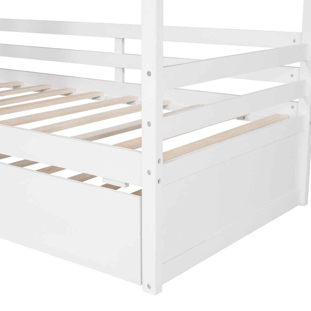 Solid Wood Twin House Bed with Trundle for Kids  White