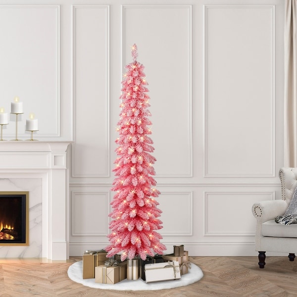 Puleo International 6 ft. PreLit Flocked Pink Artificial Alpine Pencil Tree