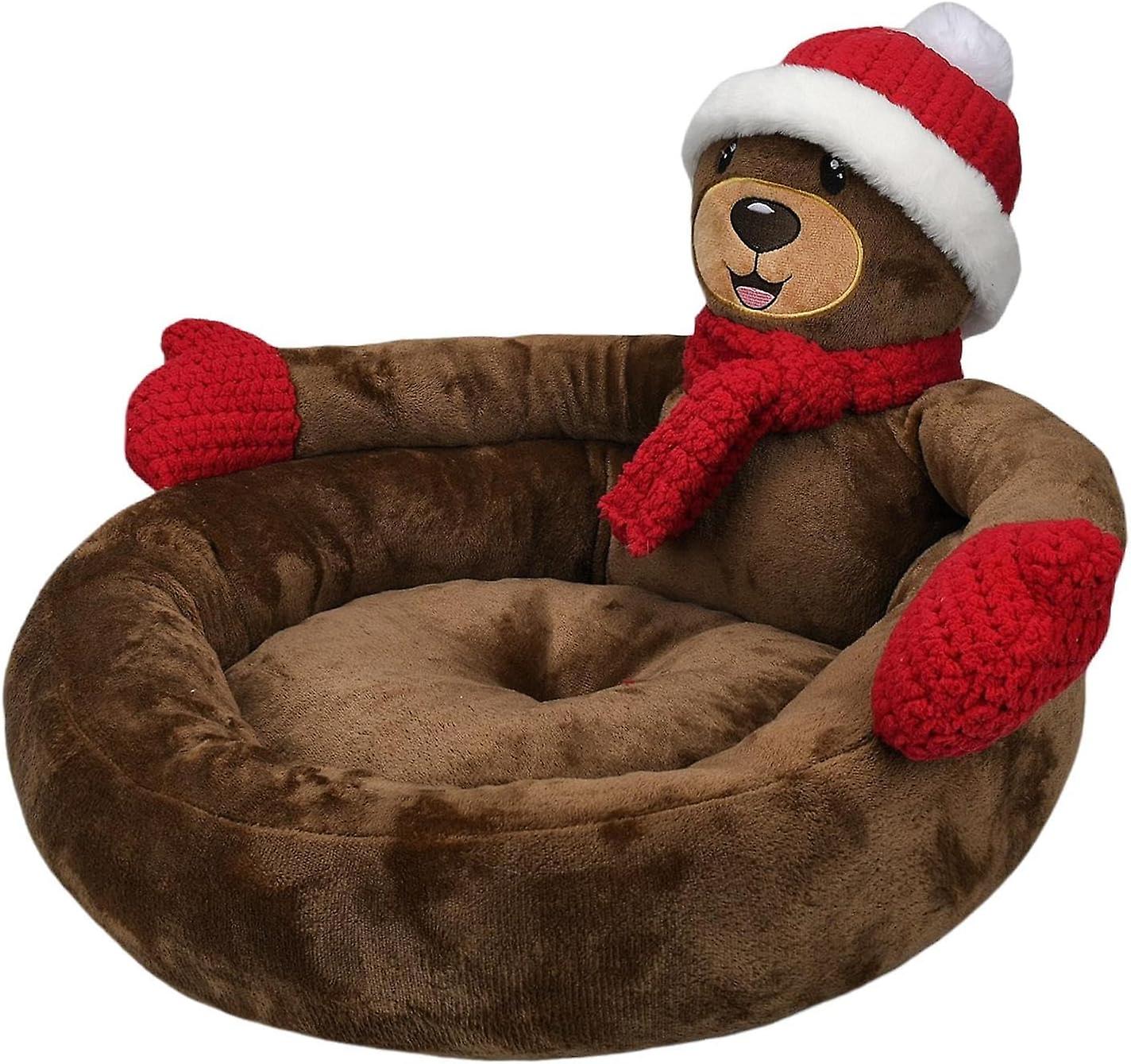 Christmas Dog Bed， Warm Pet Bed， Dark Brown Bear Kennel Cushion With Non-slip Base， A Cozy Winter Retreat For Your Cats And Small Dogs，m