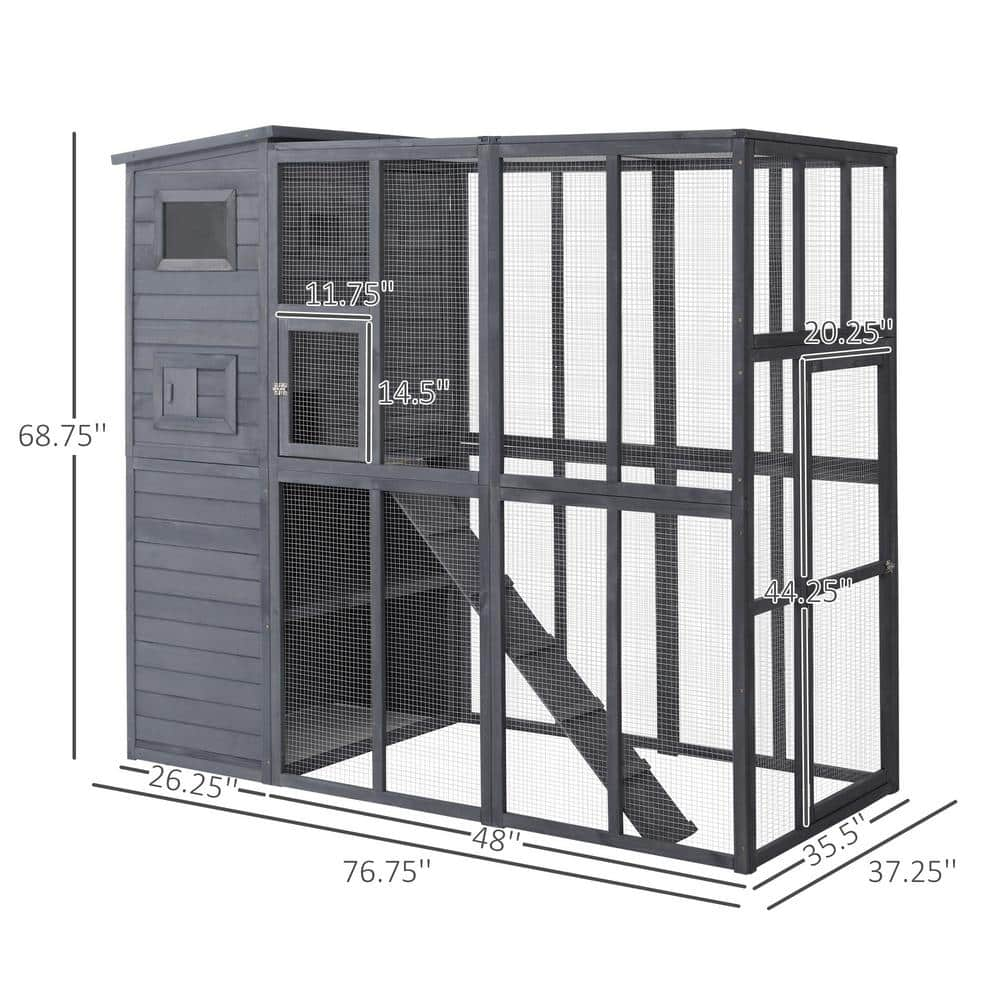 PawHut 77 in. x 37 in. x 69 in. Grey Cat House Outdoor Catio Kitty Enclosure with Platforms Run Lockable Doors and Asphalt Roof D30-237V00GY