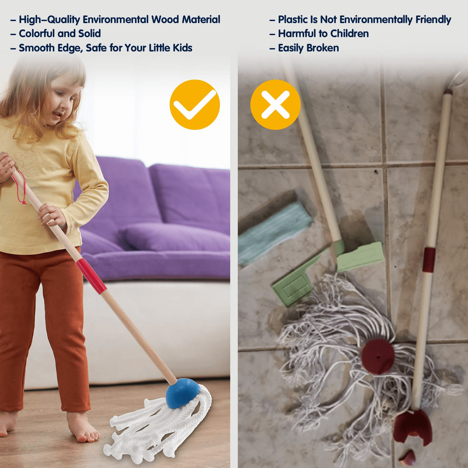 SUPER JOY Detachable Wooden Kids Cleaning Toy Set， Housekeeping Kit Broom， Mop， Duster， Dustpan， Brush， Rag， Hanging Stand， STEM Clean Toys for Girls and Boys