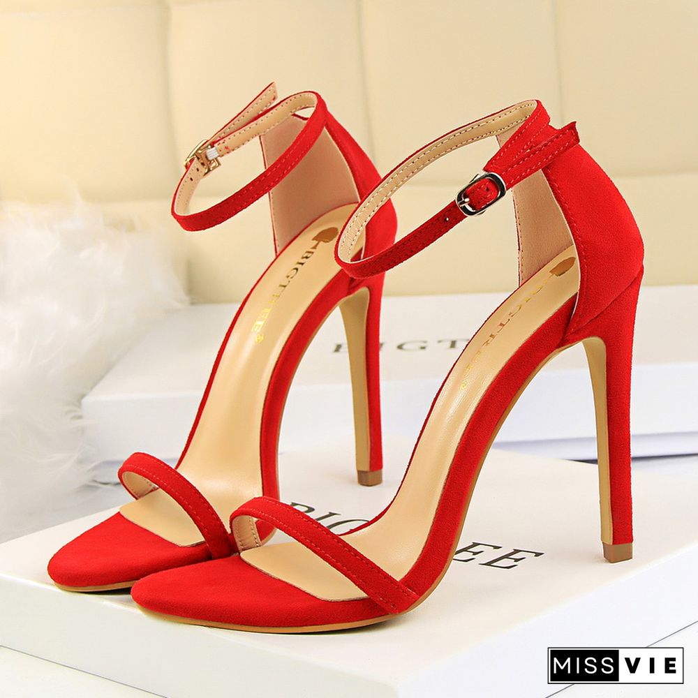 Women 10cm High Heels Flock Stripper Sandals Female Fetish Strappy Red Shoes Lady Valentine Green Summer Classic Sexy Pumps