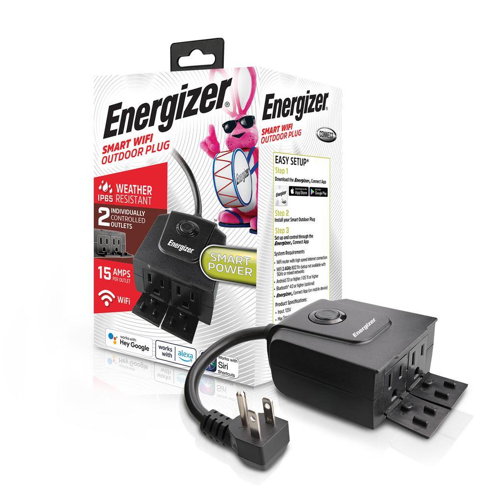 Energizer Smart Wi-Fi Outdoor Plug 2 Outlets Works With AlexaSiriGoogle EOX3-1002-BLK