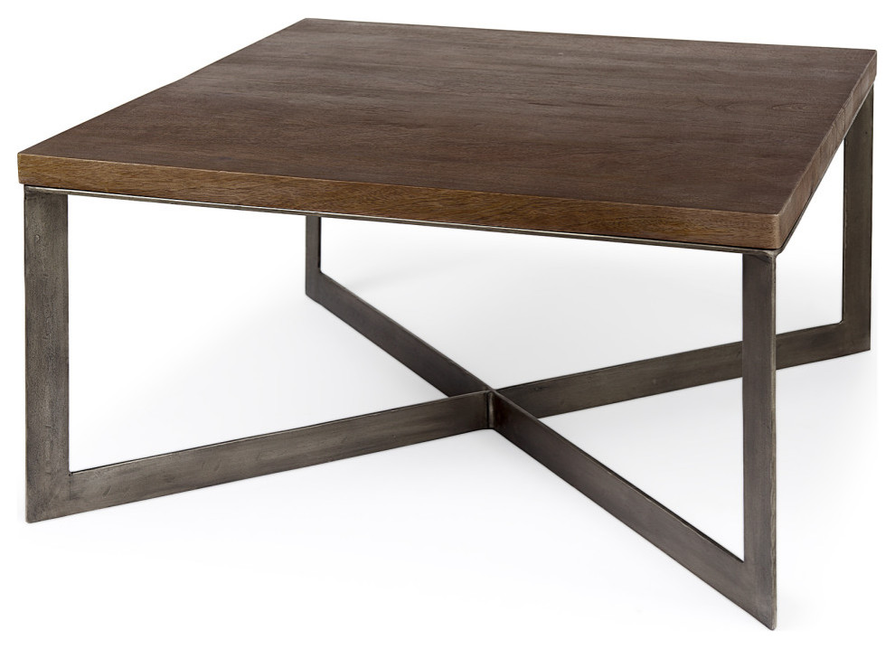 Faye Medium Brown Wood With Antique Nickel Metal Base Square Coffee Table   Industrial   Coffee Tables   by Mercana  Houzz