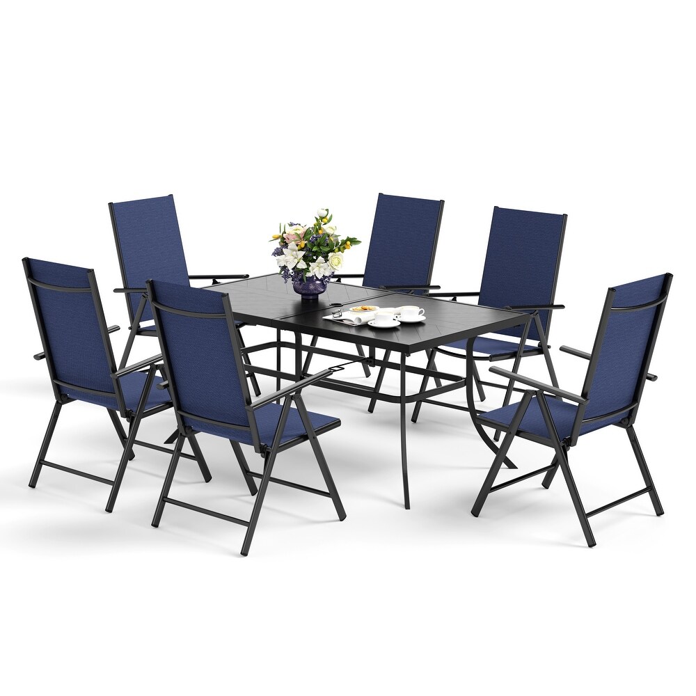 Outdoor 7 Pieces Dining Set  6 x Reclining Folding Sling Dining Chairs and 1 Patio Dining Table