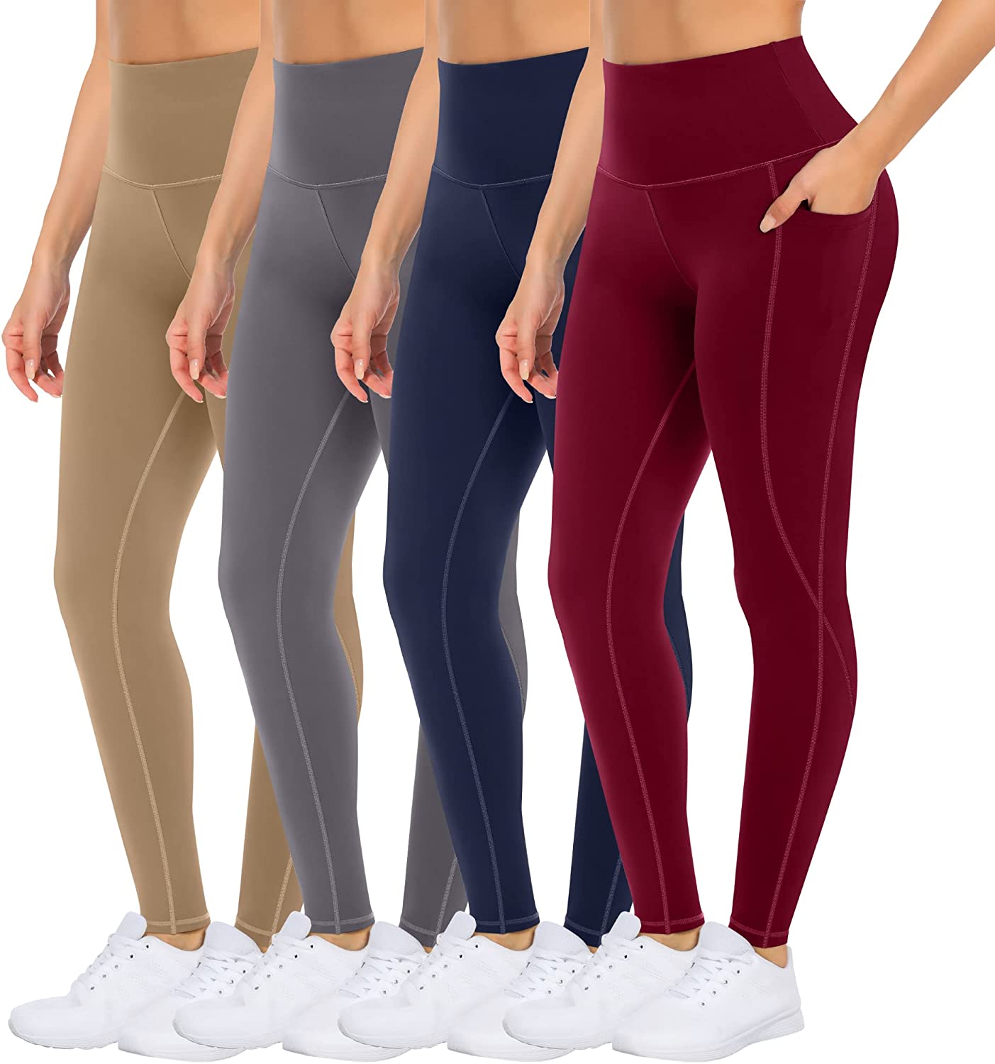 4 Pack Yoga Leggings with Pockets for Women - High Waist Tummy Control Pants for Workout