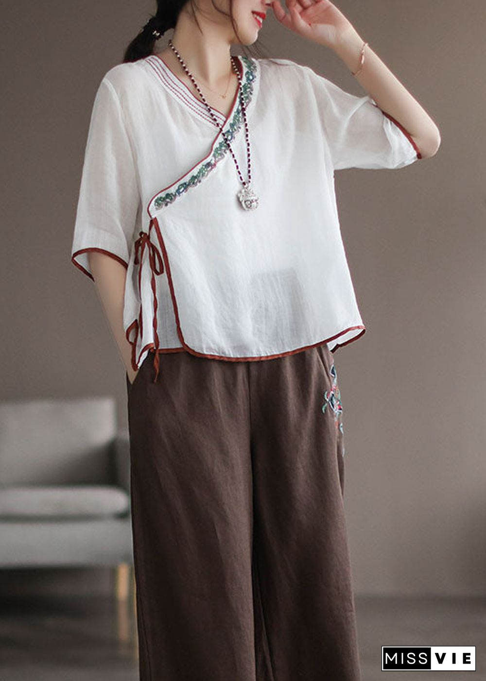 White Patchwork Linen Shirt Embroideried Lace Up Half Sleeve