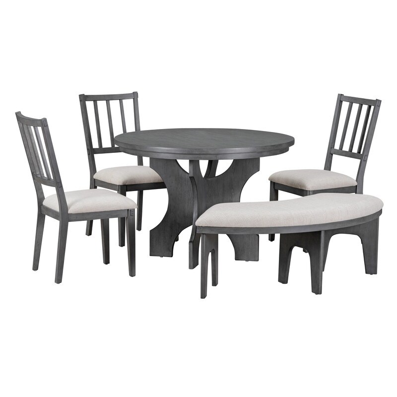 5 Piece Dining Table Set  Round Dining Table with Curved Bench   Side Chairs for Dining Room and Kitchen