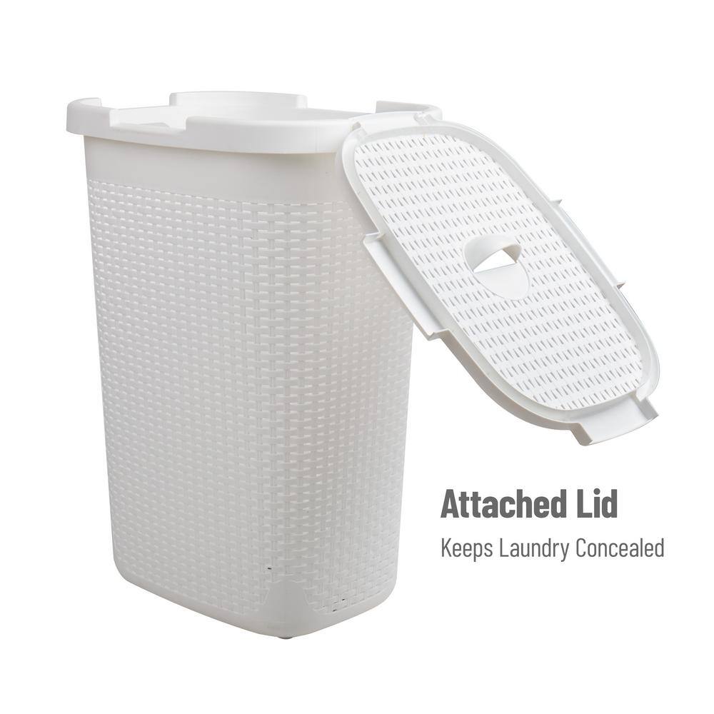 Mind Reader Basket Collection 60 Liter (15kg33lbs) Capacity Laundry Hamper Cut Out Handles Attached Hinged Lid White 60HAMP-WHT