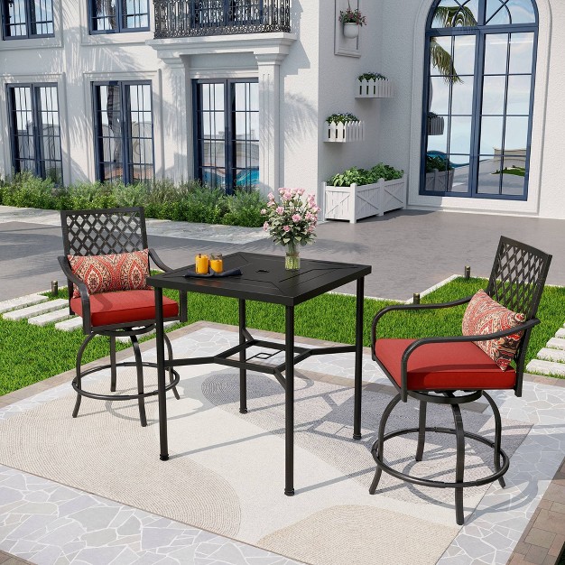 3pc Outdoor Bar Set With Swivel Stools amp Square Metal Table With Umbrella Hole Captiva Designs