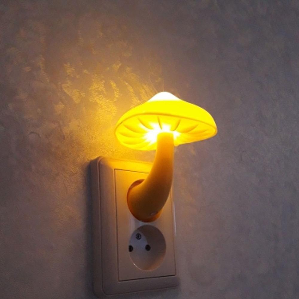 Led Night Light Mushroom Wall Socket Lamp Eu Plug Warm White Light-control Sensor Bedroom Light Home Decoration