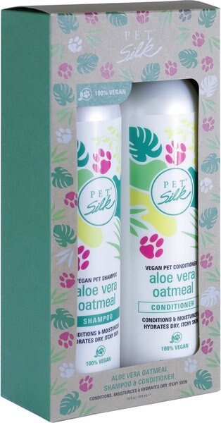 Pet Silk Vegan Aloe Vera Oatmeal Dog and Cat Shampoo and Conditioner Kit， 16-oz bottle， 2 count