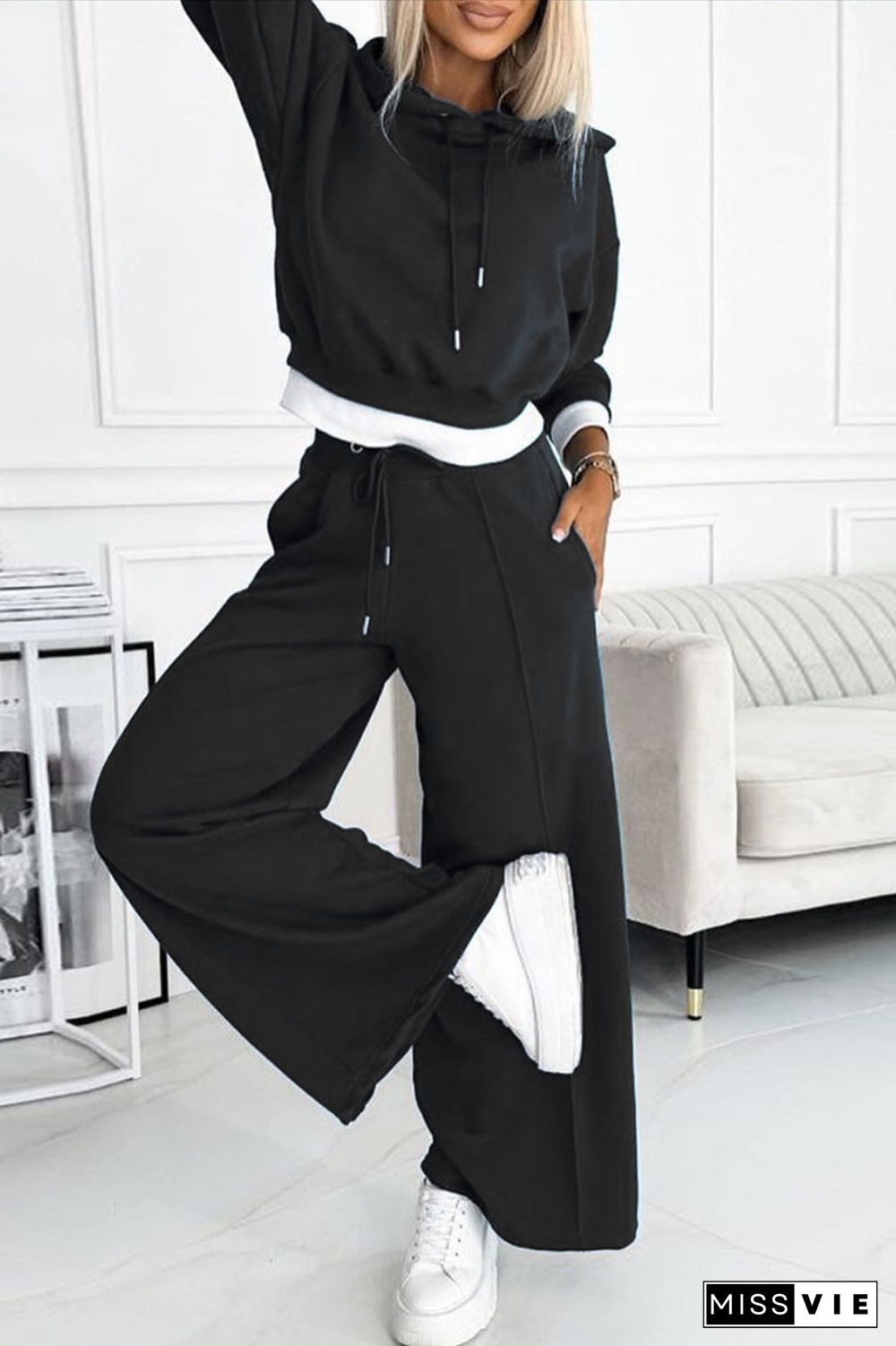 Colorblock Drawstring Hoodie & Wide Leg Pants Set