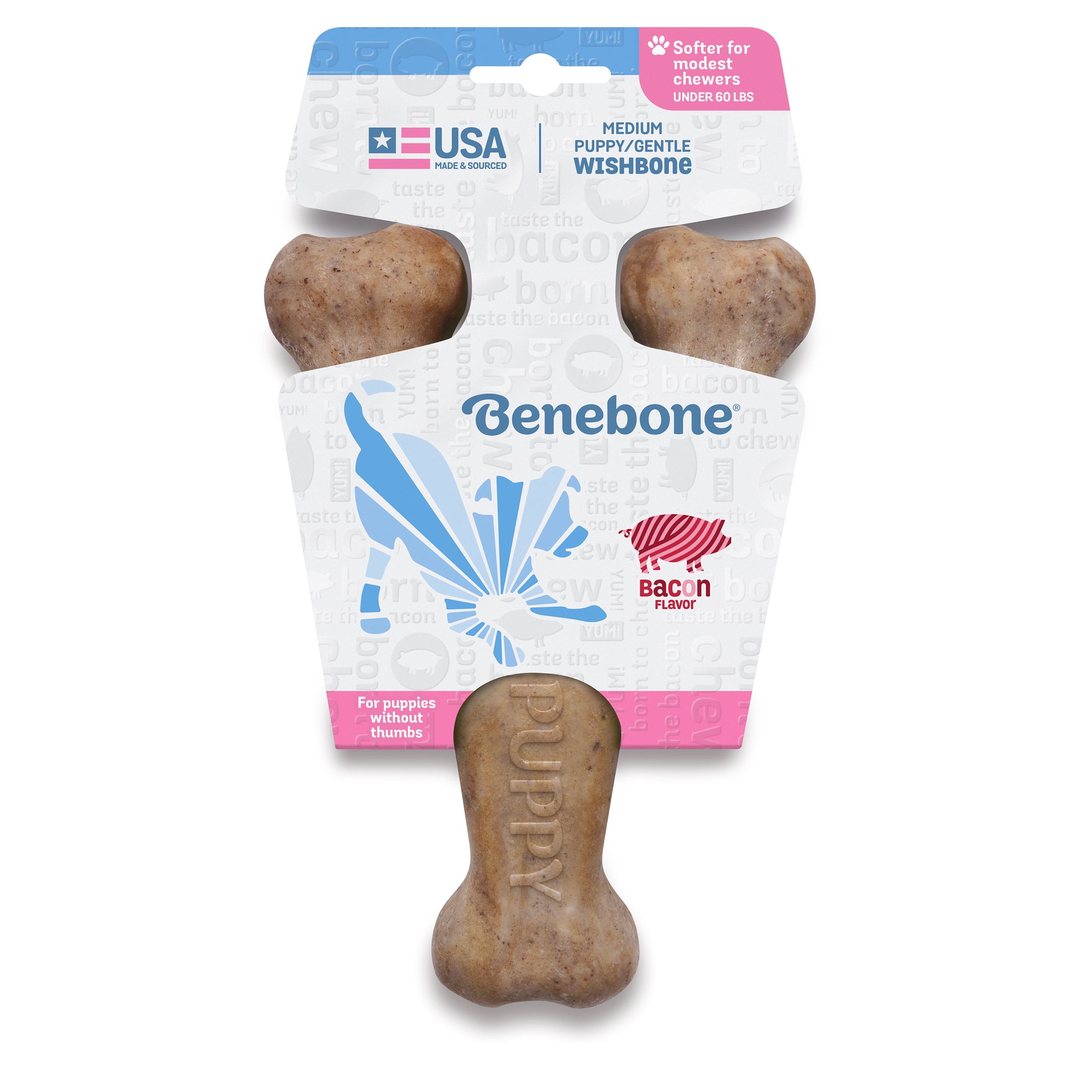 Benebone Puppy Wishbone Dog Chew Toy， Softer for Modest Chewers， Bacon， Medium