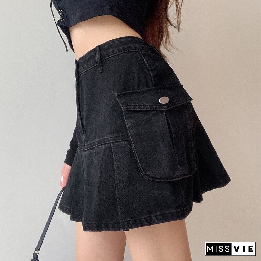 Weekeep Black Pleated Skirts Women Denim Skirt New Aesthetic Streetwear Ruffle Mini Sexy Skirts Harajuku Elegant Bottom 90s