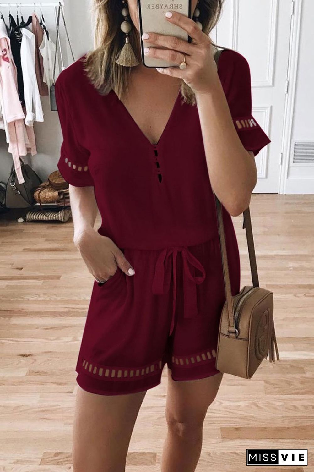 V Neck Hollow-Out Lace-Up Romper