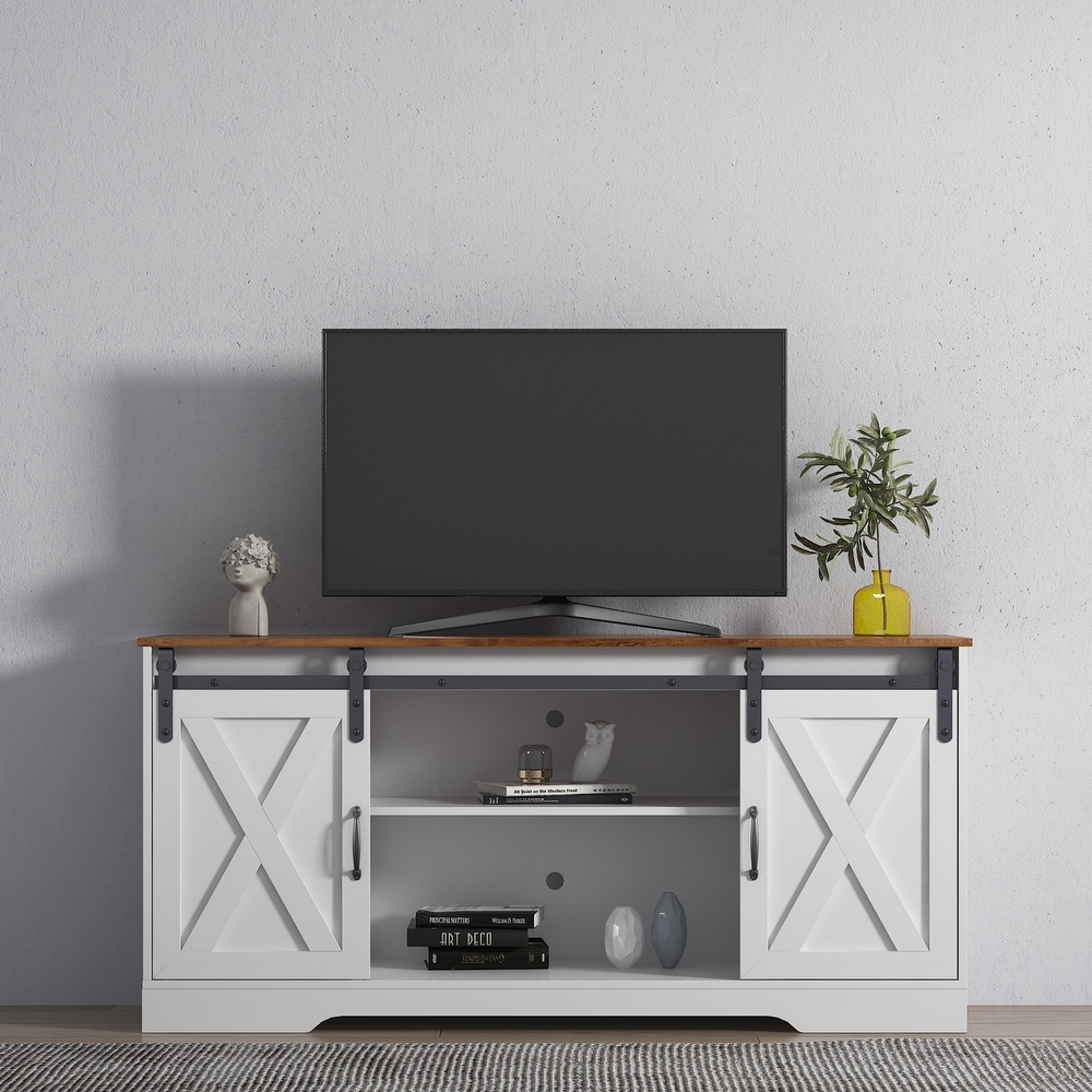 TV Stand with Sliding Barn Door   Storage Cabinet for TVs Up to 65\