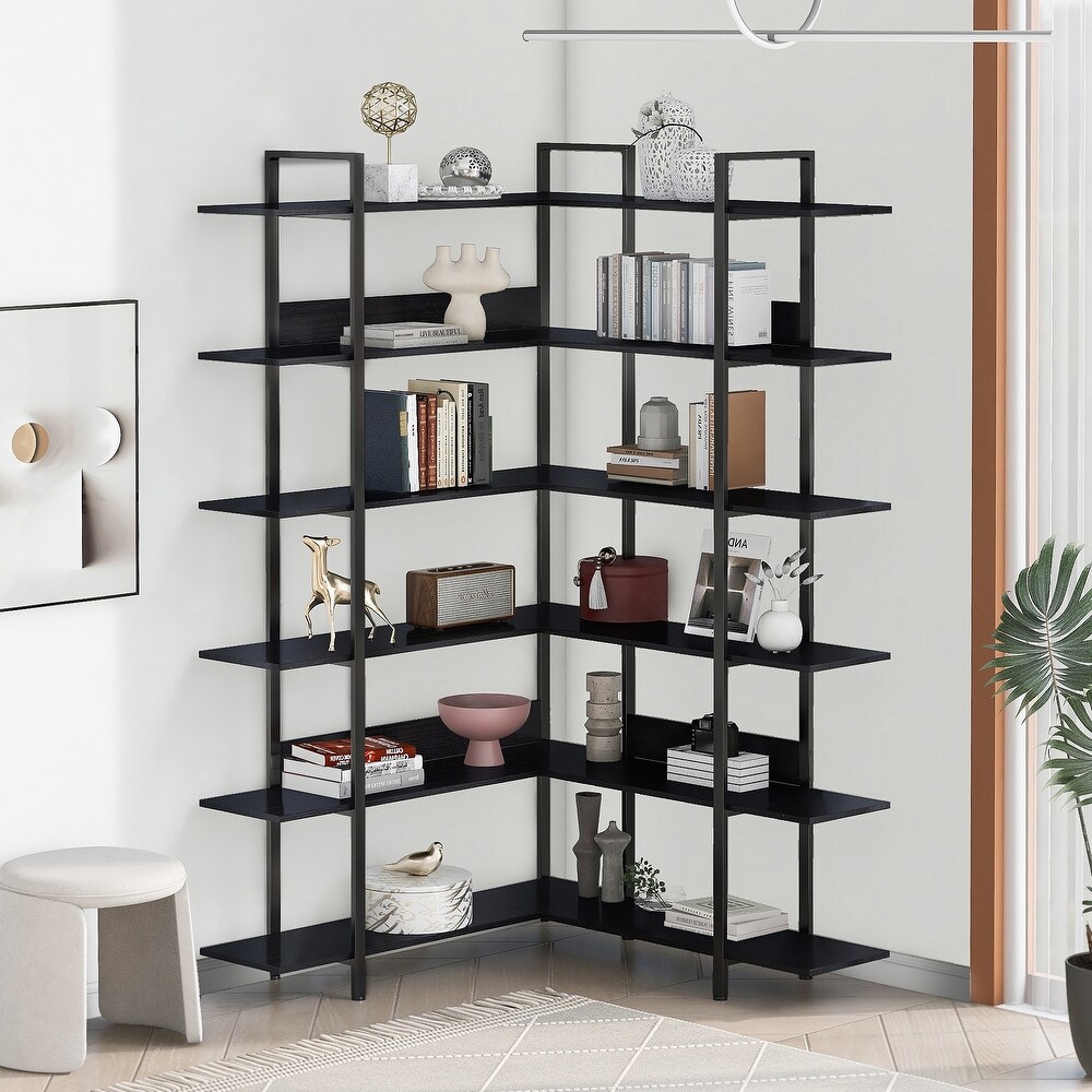 74.8 Inch Bookshelf L shape Stainless Steel Frame Corner 6 tier Shelves Adjustable Foot Pads