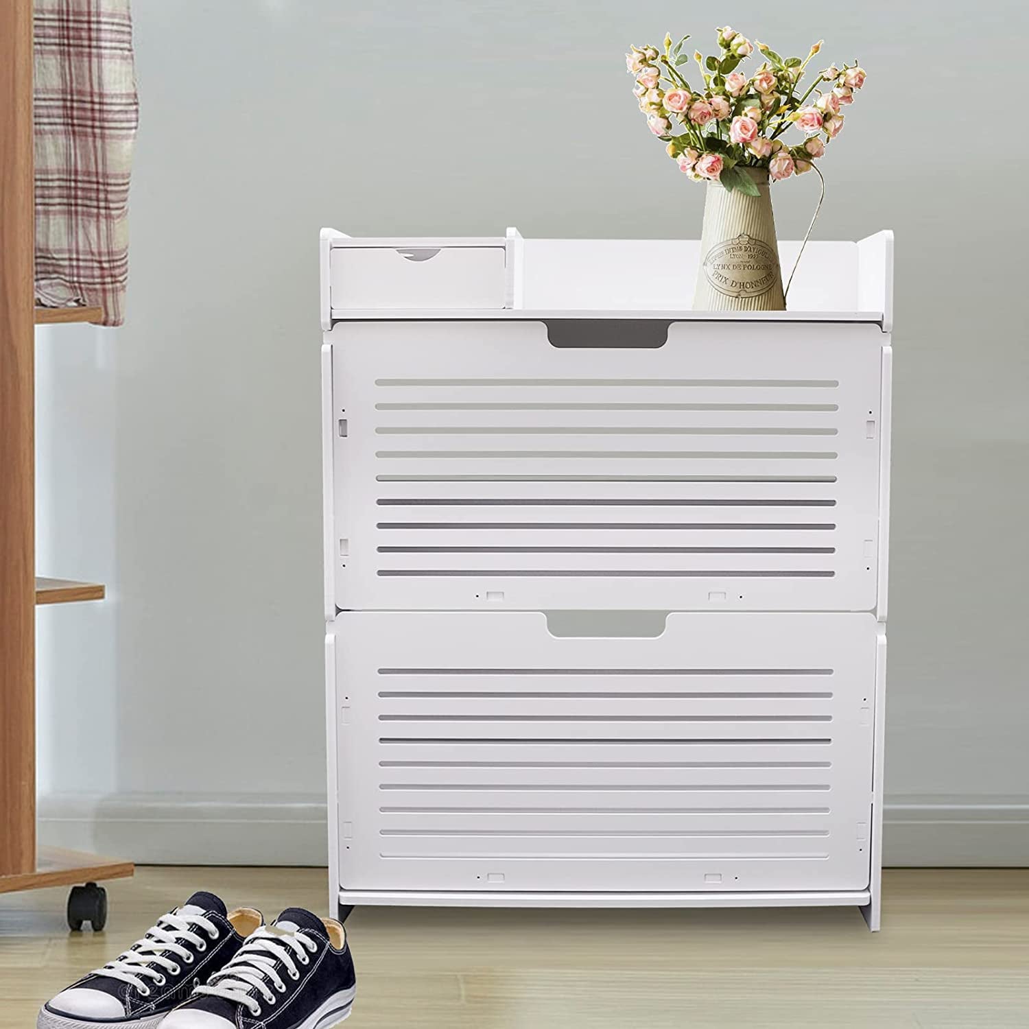 Miumaeov 2-Layer Drawers Shoe Cabinet Freestanding Shoe Rack Shoe Storage Ultra-Thin White