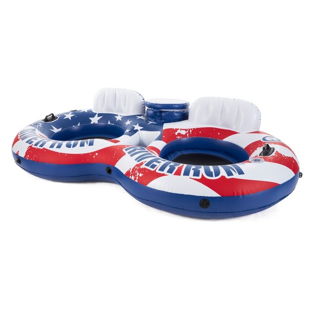 Intex 56855vm River Run Inflatable American Flag 2 Person Water Lounge Pool Tube Float With Built In Cooler Cup Holders And Patch Repair Kit