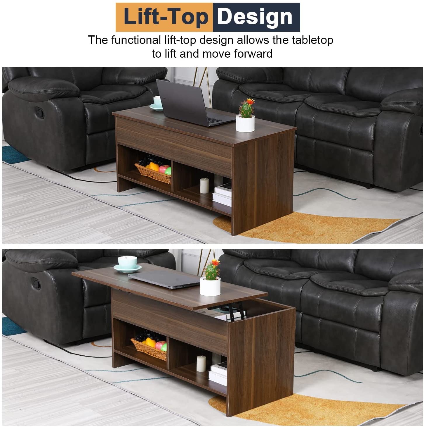 Furinno Lift Top Wooden Coffee Table, Walnut Brown