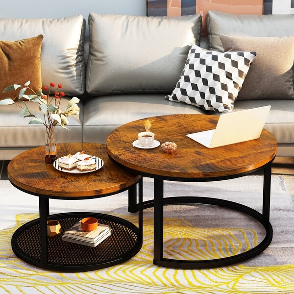 Stylish Round Coffee Table Set Nesting Coffee Tables with Metal Frame and 1 Metal Mesh Shelf (Set of 2)