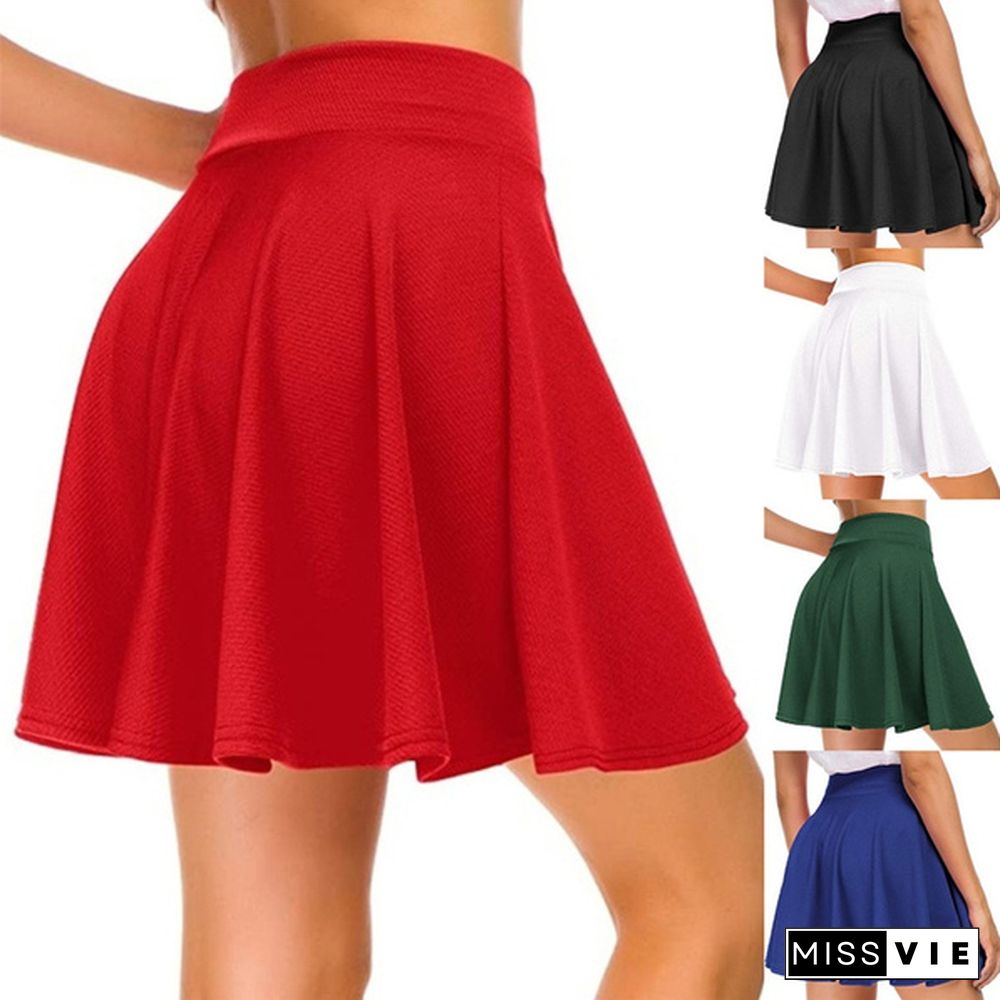 Women Summer Stretch Waist Flared Mini Skater Skirt Casual Pleated Skirts