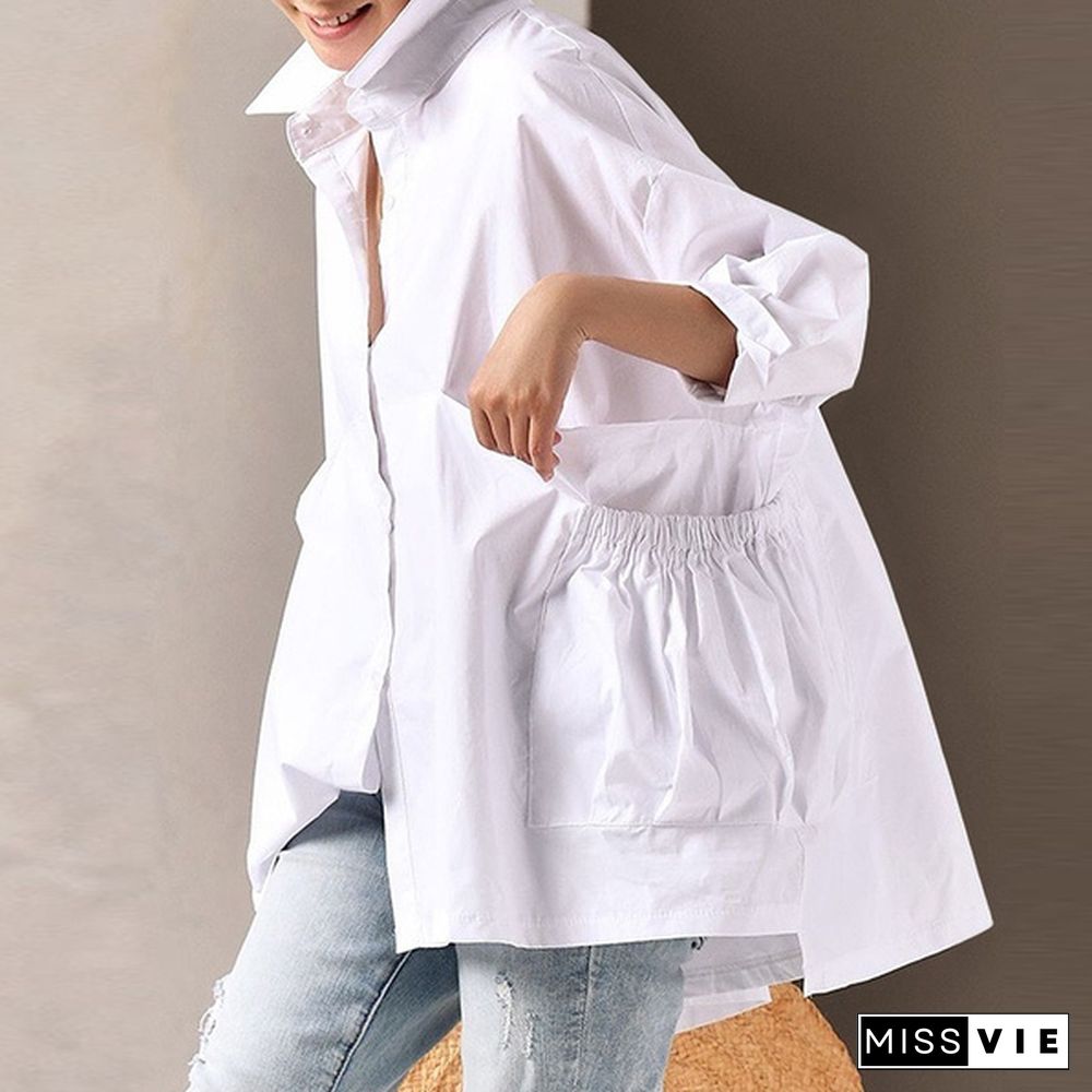 Plus Size Women Casual Baggy Long Sleeved Irregular Hem Tops Lapel Button Up Blouse Shirts With Pockets Blusas Femininas