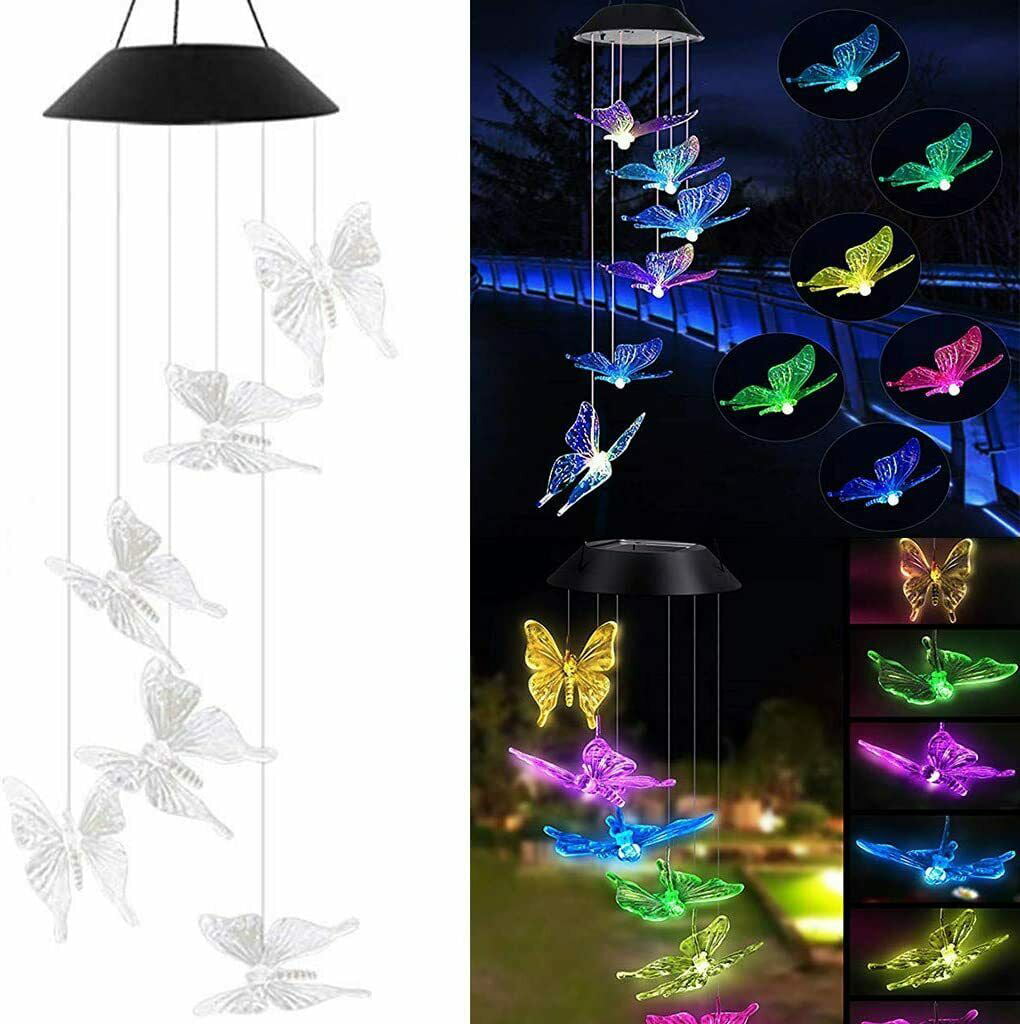 Solar LED Garden Outdoor Wind Chimes Colour Changing Lights Hanging butterfly US Clear Butterfly