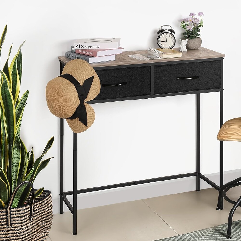 Narrow Modern Sofa Table with Hooks and Fabric Drawers Console Table