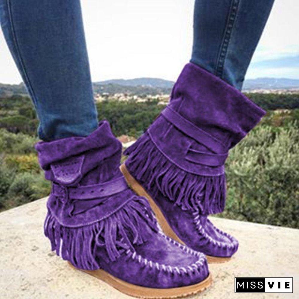 Women's Fringe Round Toe Retro Boots