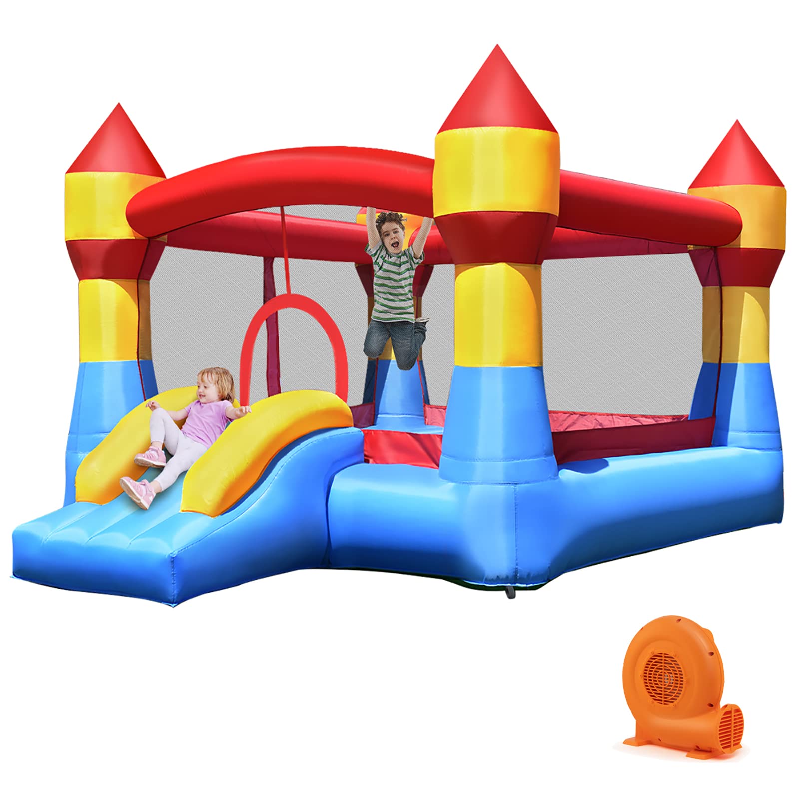 Costzon Inflatable Bounce House, Jumper Castle with Slide, Mesh Walls, Party Bouncy House